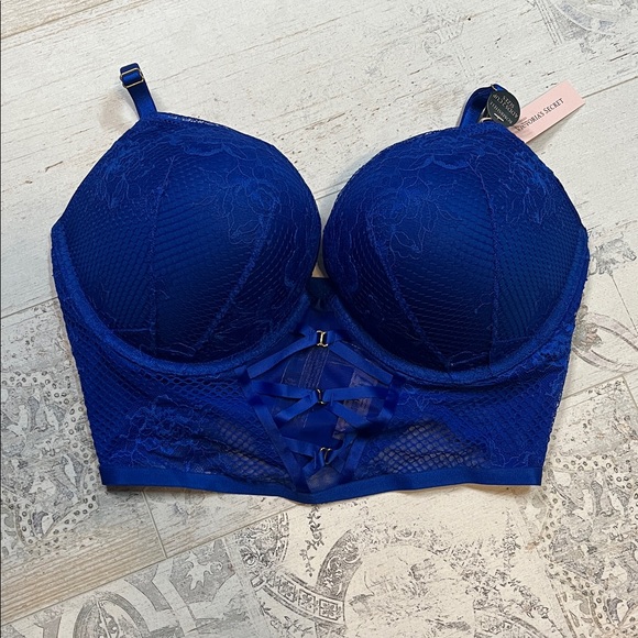 Victoria's Secret Bombshell Plunge Royal Blue Lace Mesh Pushup Bra 36D